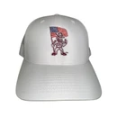 White Texas A&M mesh-back cap featuring Ol’ Sarge holding an American flag on the front and a maroon A&M logo printed on the side panel.