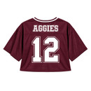 Maroon Texas A&M cropped replica jersey featuring white number 12 graphics, an A&M Texas chest logo, striped V-neck trim, mesh fabric, and Aggies lettering across the back.