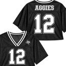 Black Texas A&M cropped replica football jersey with mesh fabric, striped V-neckline, A&M chest logo, white number 12 on the front, and “Aggies” with number 12 across the back.