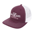 Maroon and white Texas A&M Aggie Band trucker cap featuring embroidered “Texas Aggie Band” and “Pulse of Aggieland” graphics, white mesh back, contrast stitching, curved bill, and adjustable snapback closure.