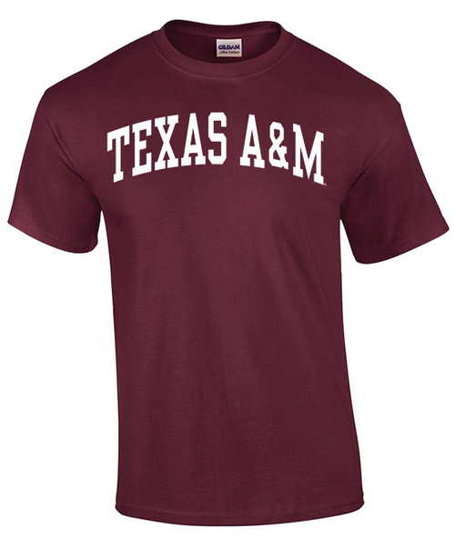 Maroon Texas A&M short sleeve shirt featuring bold white Texas A&M lettering across the front
