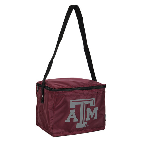 Maroon Texas A&M 6 can cooler with black shoulder strap and Texas A&M logo on the front