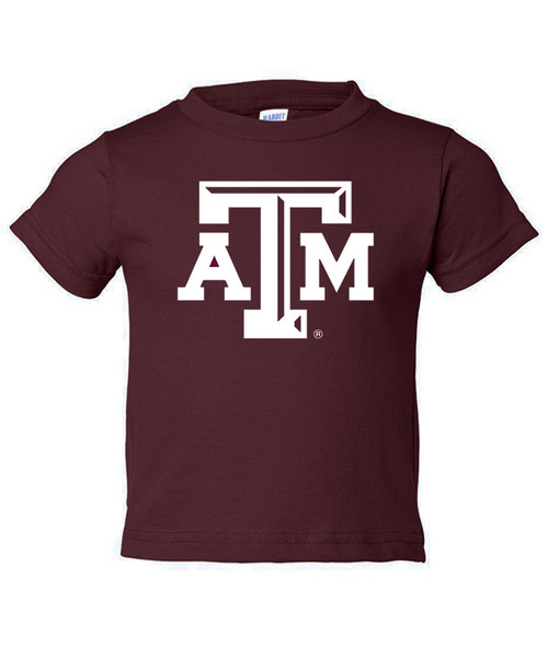 Maroon Texas A&M toddler t shirt with white Texas A&M logo printed on the front