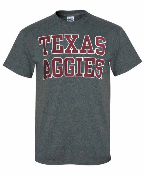 Dark gray Texas Aggies T shirt with bold Texas Aggies lettering on the front