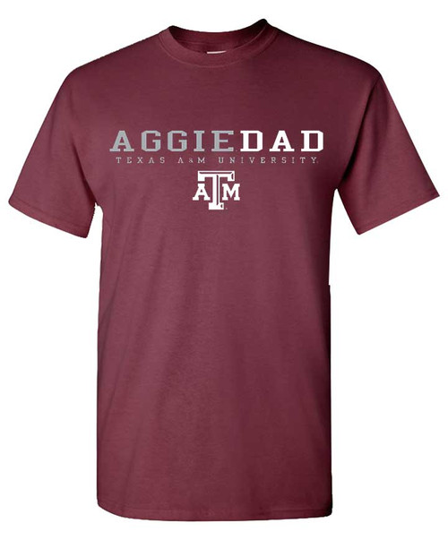 Maroon Texas A&M Aggies Aggie Dad t shirt with Texas A&M University text and ATM logo