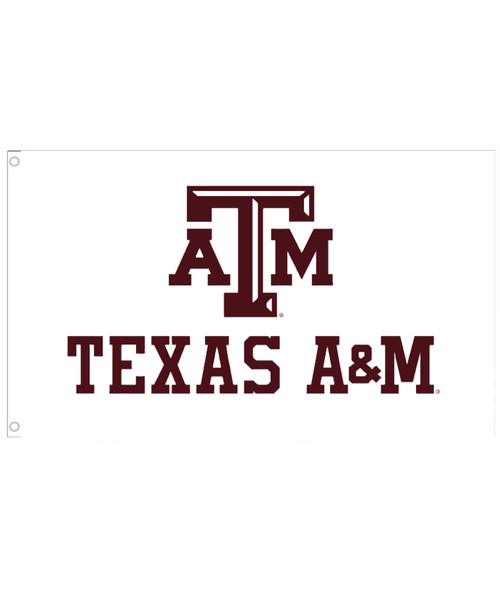 Texas A&M Aggies white 3x5 flag with ATM logo and Texas A&M text