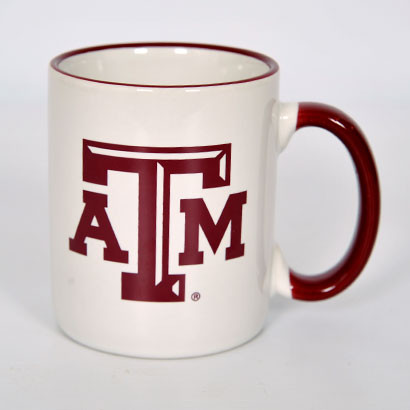 Texas A&M Aggies white mug with maroon handle and rim featuring ATM logo
