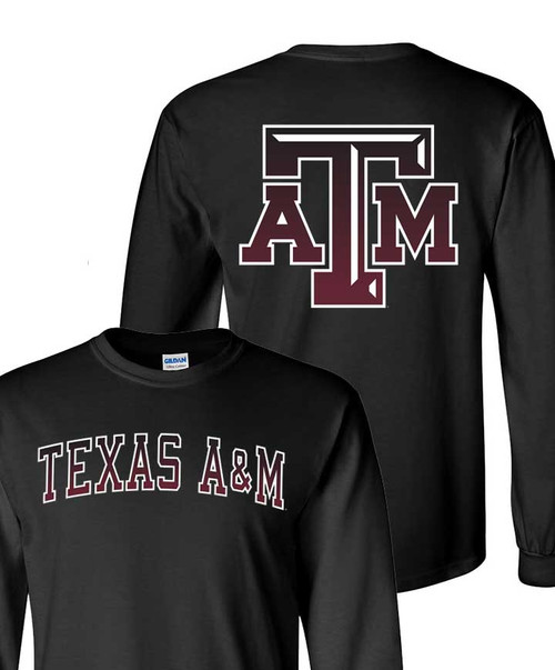Texas A&M Aggies black long sleeve shirt with Texas A&M text on front and large ATM logo on back