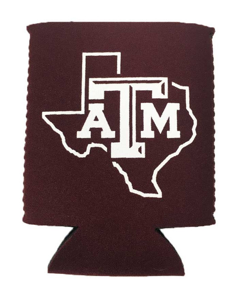 Texas A&M Aggies maroon can cooler with ATM logo over Texas state outline