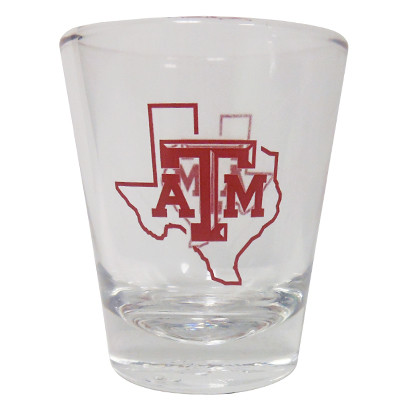 Texas A&M Aggies clear shot glass with ATM logo over Texas state outline