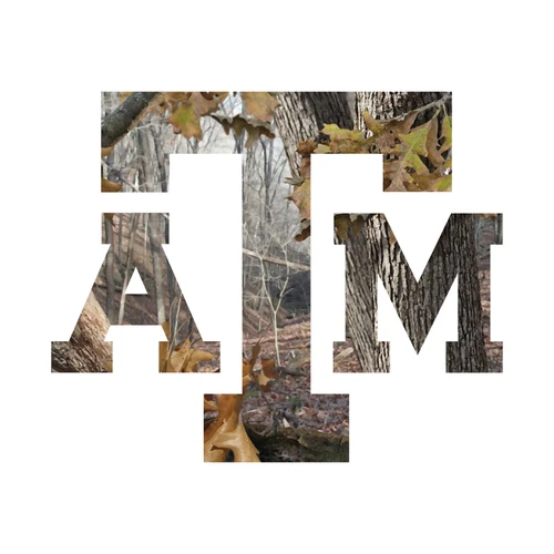 Texas A&M decal shaped like the A&M logo and filled with a realistic woodland camouflage scene featuring trees, branches, and brown and green fall leaves.