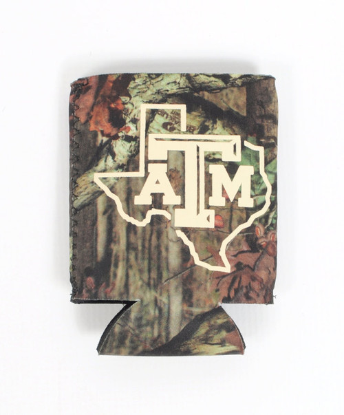 Texas A&M Aggies camouflage can cooler with ATM logo over Texas state outline
