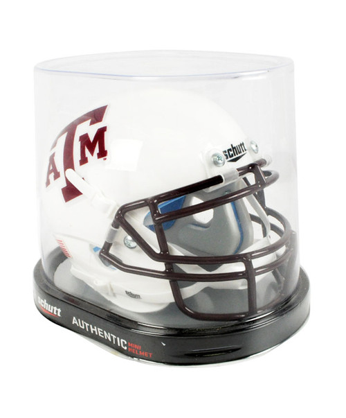 Texas A&M Aggies white mini football helmet with ATM logo in display case