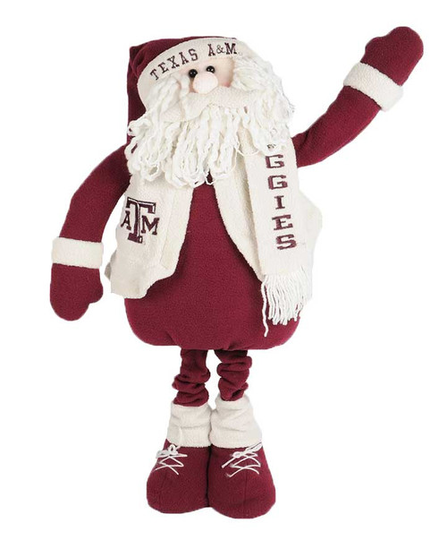 Texas A&M Aggies Santa Claus mascot decoration with stretch legs, maroon outfit, and Aggies scarf