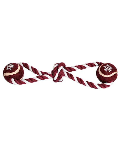Texas A&M Aggies rope dog toy with two tennis ball ends and ATM logos in maroon and white