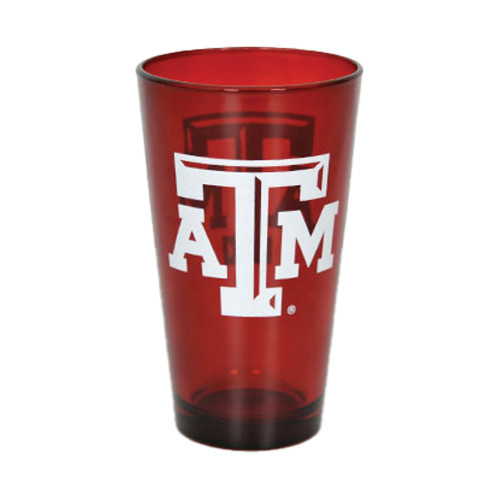 Texas A&M Aggies translucent maroon pint glass with ATM logo on front