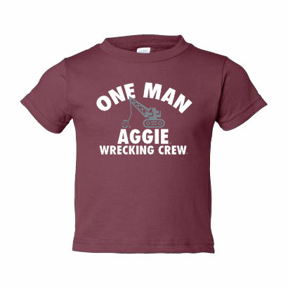 Texas A&M Aggies toddler maroon tee with One Man Aggie Wrecking Crew text and ATM logo