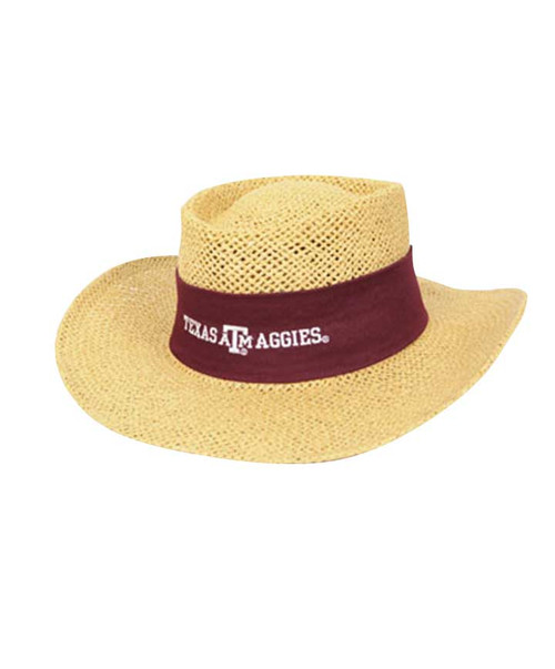 Texas A&M Aggies straw hat with wide brim and maroon band reading Texas A&M Aggies