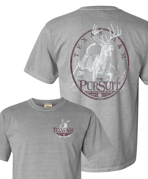 Texas A&M Aggies gray t shirt with deer Pursuit graphic on back and small front chest design