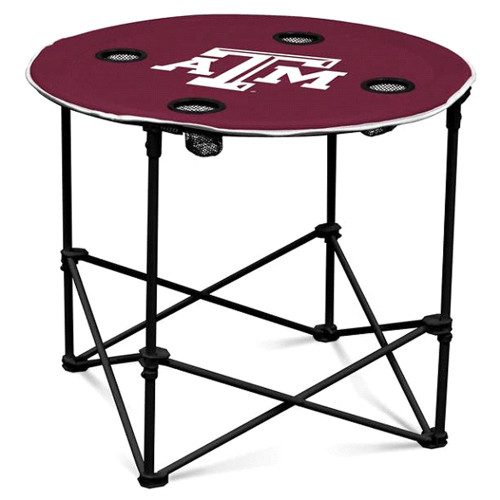 Texas A&M Aggies foldable table with maroon top, ATM logo, and built in cup holders