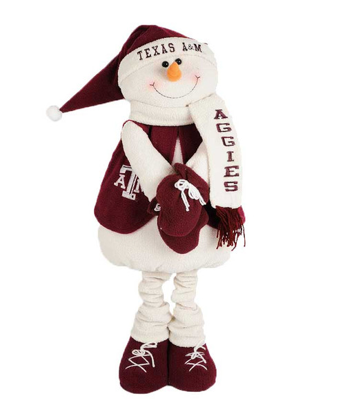 Texas A&M Aggies snowman mascot decoration with stretch legs wearing maroon and white winter outfit