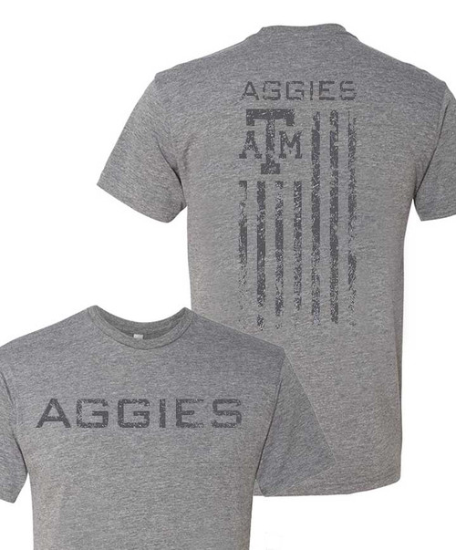 Texas A&M Aggies gray T shirt with AGGIES text on front and vertical ATM logo stripe graphic on back