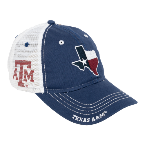Texas A&M Aggies navy and white adjustable cap with Texas state outline design and ATM logo on side