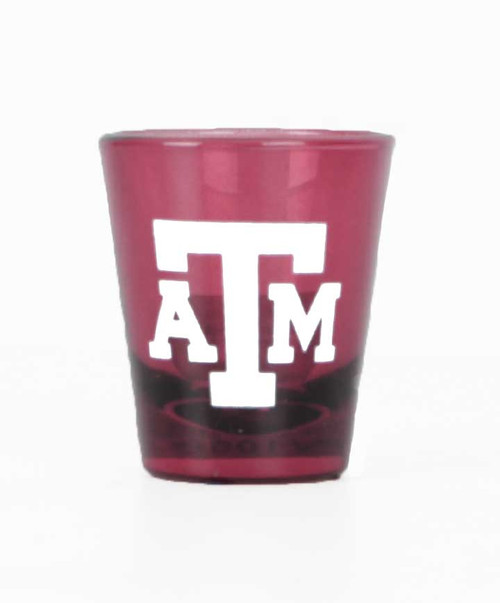 Texas A&M Aggies maroon shot glass with white ATM logo on front