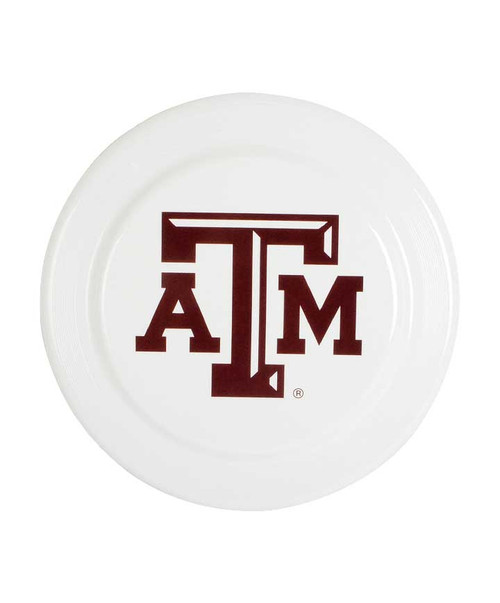 Texas A&M Aggies white frisbee with maroon ATM logo in center