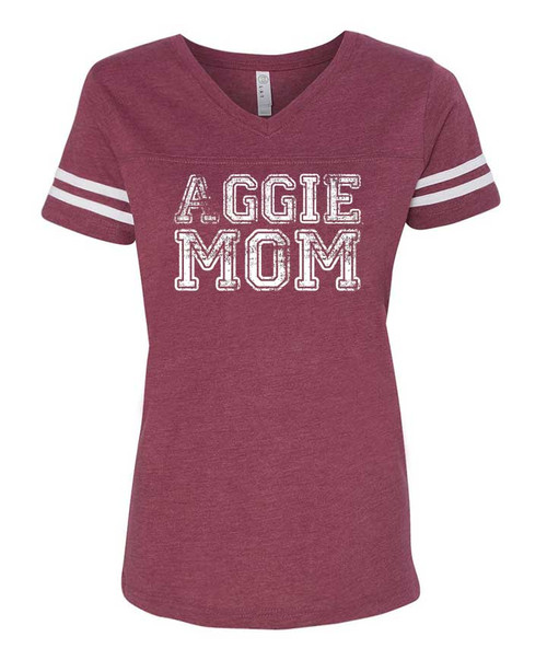 Texas A&M Aggies maroon V neck shirt with Aggie Mom text and white sleeve stripes