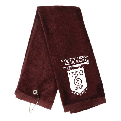 Maroon Fightin’ Texas Aggie Band golf towel featuring a white Aggie Band emblem and lettering with a metal grommet and hook for attaching to a golf bag.