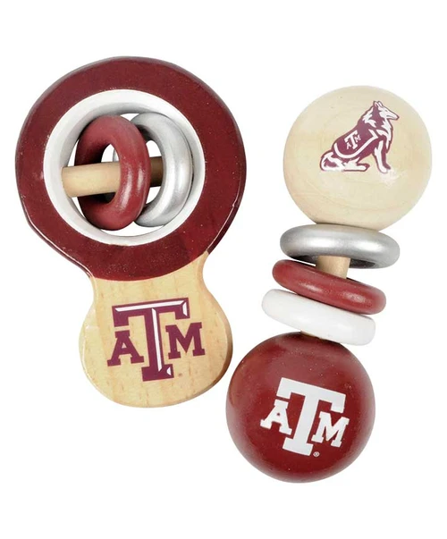 Texas A&M Aggies baby rattle set with wooden rattles and ATM logos in maroon and natural tones