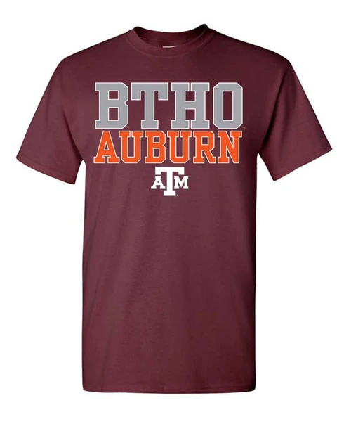 Texas A&M Aggies youth maroon t shirt with BTHO Auburn text and ATM logo on front