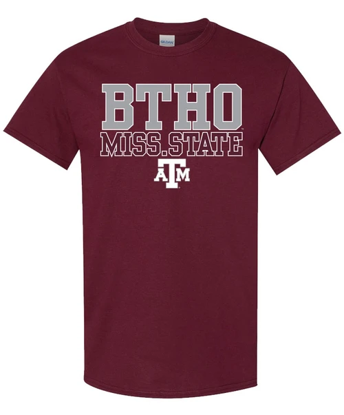Texas A&M Aggies maroon t shirt with BTHO Mississippi State text and ATM logo on front