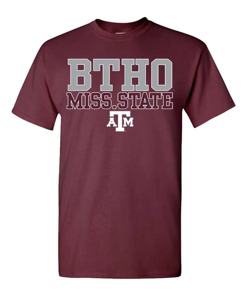Texas A&M Aggies youth maroon t shirt with BTHO Mississippi State text and ATM logo on front