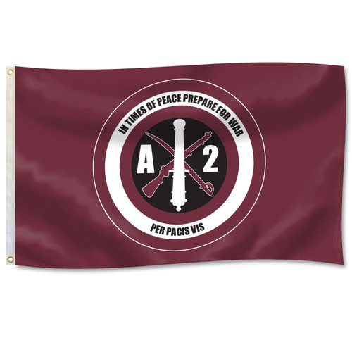 Texas A&M Aggies Corps of Cadets Company A-2 3x5 flag with circular A-2 design and Per Pacis Vis text on maroon background