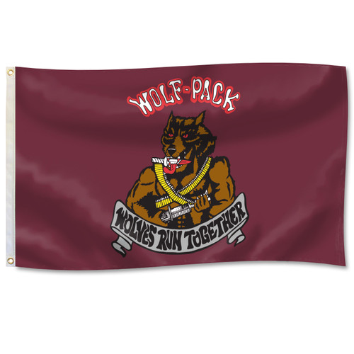 Texas A&M Aggies Corps of Cadets A Company 3x5 flag with Wolf Pack graphic and Wolves Run Together text on maroon background