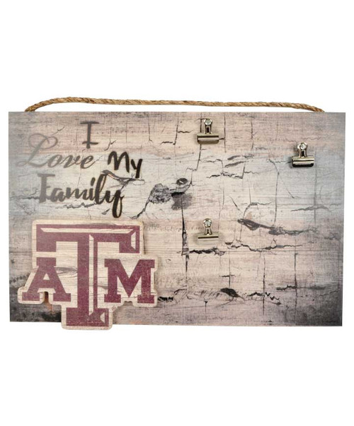Texas A&M Aggies picture clip sign with rustic wood background, I Love My Family text, and Texas A&M logo with photo clips
