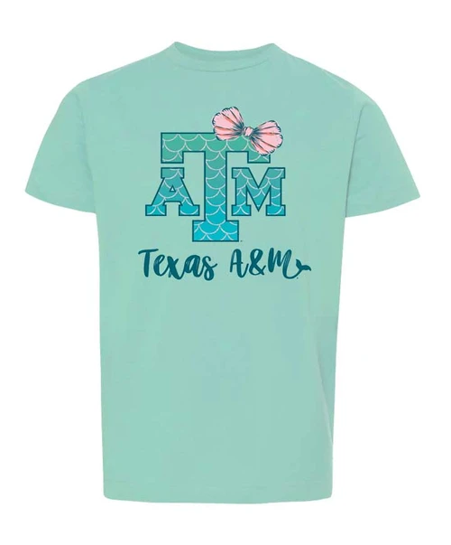 Texas A&M Aggies youth mint green t shirt with patterned ATM logo, bow detail, and Texas A&M script on back
