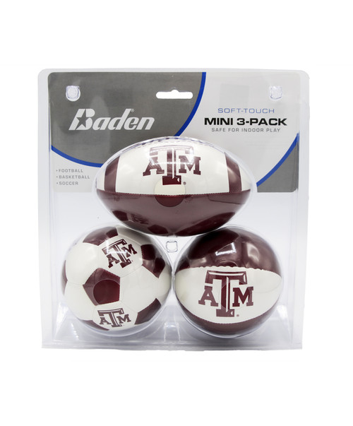 Texas A&M Aggies Baden mini ball 3 pack with football, soccer ball, and basketball featuring Texas A&M logos in maroon and white