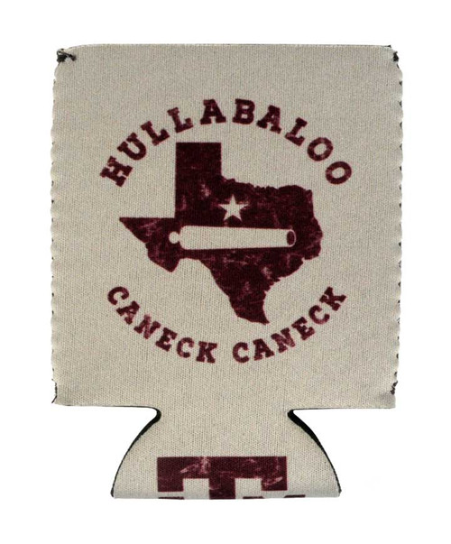 Texas A&M Aggies can cooler with Hullabaloo Caneck Caneck design and Texas outline on one side and Texas A&M logo with cannon graphic on reverse