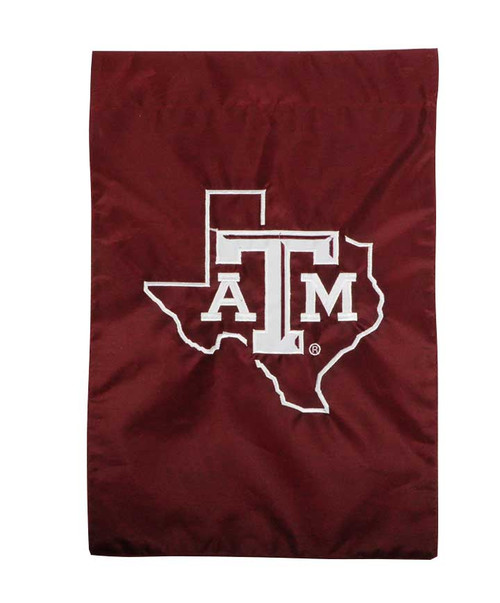 Texas A&M Aggies maroon garden flag with Texas state outline and Texas A&M logo in white