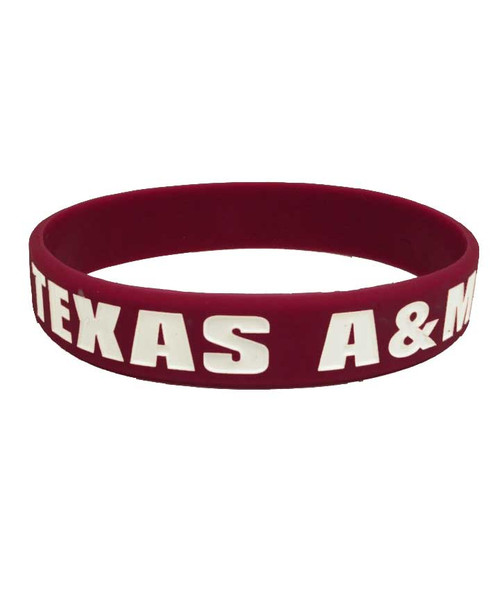 Texas A&M Aggies maroon silicone wristband with Texas A&M text and logo wrapping around band