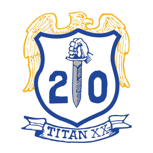 Texas A&M Aggies Corps of Cadets Squadron 20 Titan 20 sticker with crest design, sword graphic, and winged elements in blue and gold