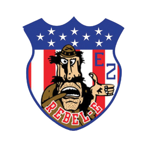 Texas A&M Aggies Corps of Cadets E-2 Rebels sticker with shield design and rebel character graphic in red white and blue