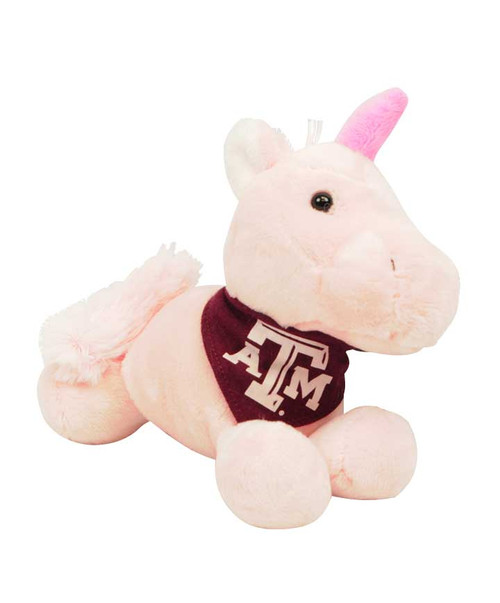 Texas A&M Aggies pink unicorn plush with maroon bandana featuring Texas A&M logo