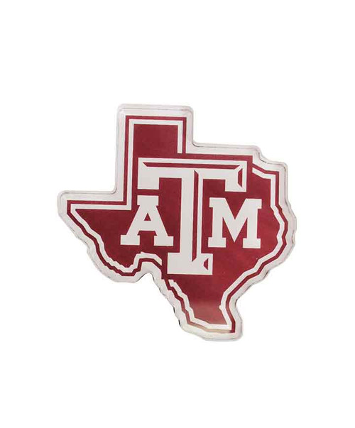 Texas A&M Aggies acrylic magnet shaped like Texas with maroon background and Texas A&M logo