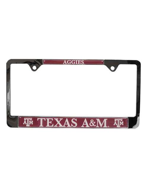 Texas A&M Aggies black license plate frame with maroon accents, Aggies text on top, and Texas A&M text with logos on bottom
