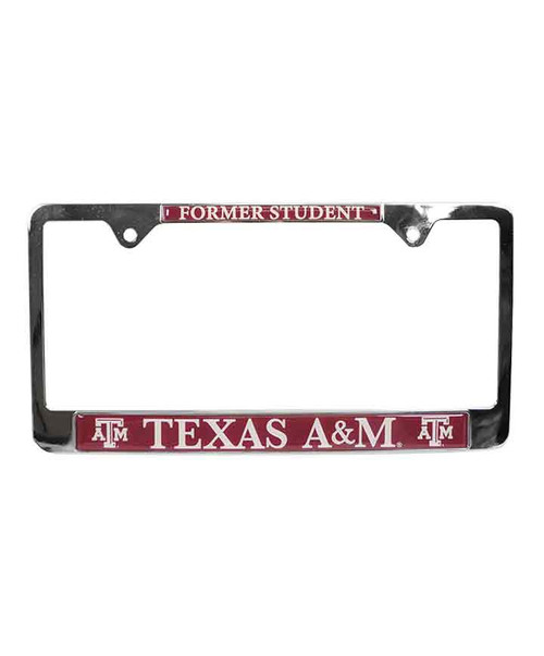 Texas A&M Aggies former student license plate frame with black frame, maroon accents, and Texas A&M text with logos