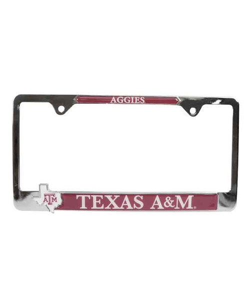Texas A&M Aggies black license plate frame with maroon accents, Aggies text on top, and Texas A&M text with logo on bottom
